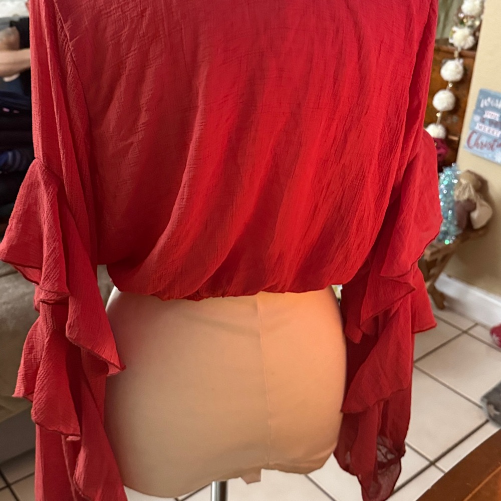 FAVLUX Red Ruffled Wrap Blouse - Picture 4 of 4